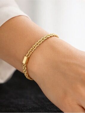 14K Solid Yellow Gold Rope Chain Bracelet 7 Inch, 3.9g Diamond Cut Twisted Rope